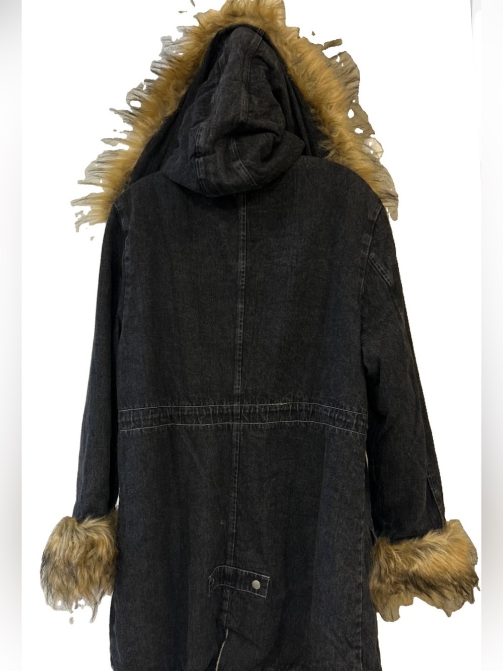 Denim by ASA Women’s Black Hooded Parka Coat Taupe Faux Fur Trim Size M - Picture 9 of 15